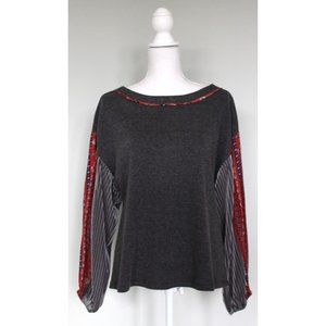 THML Boutique Boho Gray Balloon Sleeve Velvet Floral Mixed Print Top, S Small